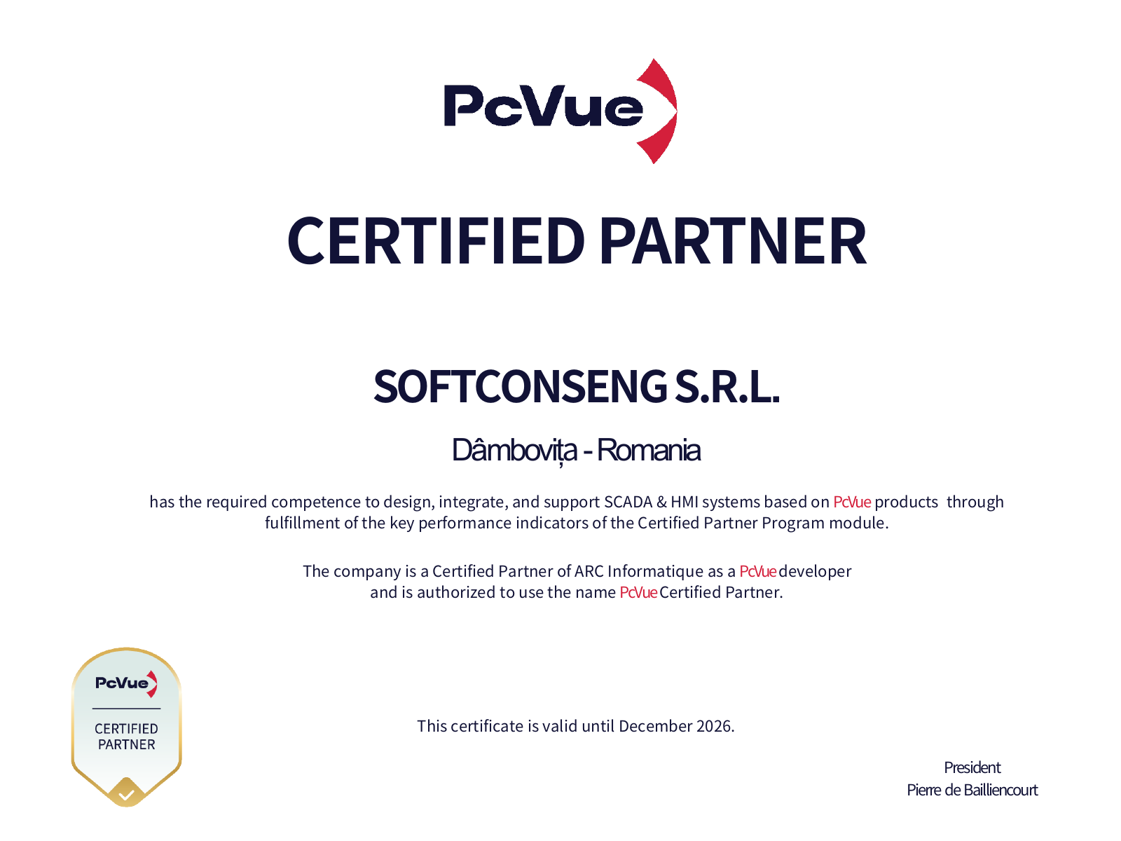 Certificat PcVue Certified Partner — SOFTCONSENG S.R.L., emis de ARC Informatique